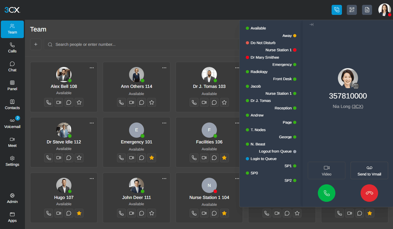 The redesigned 3CX web client Team view, with colleagues' availability and an incoming call panel.