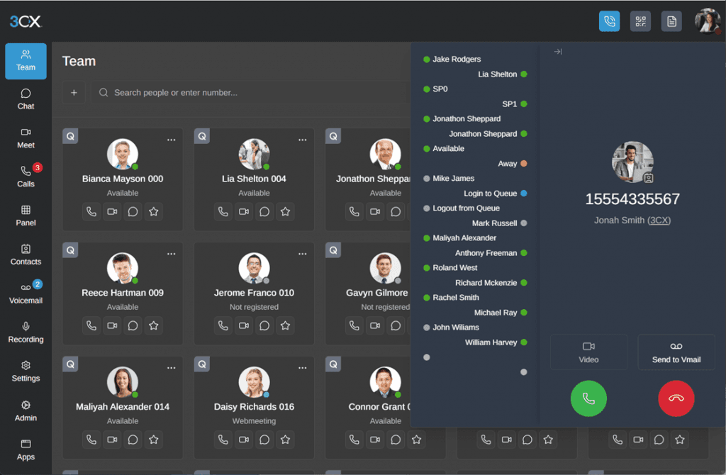 Official 3CX web client showing its communications workspace