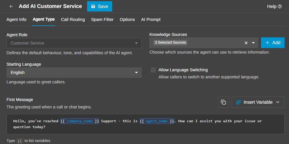 Setting up an AI Customer Service Agent in 3CX: the agent role, starting language, knowledge sources and the first message callers hear.