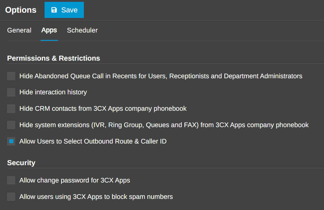 The Apps tab of the 3CX admin console Options page, with "Allow Users to Select Outbound Route & Caller ID" ticked.