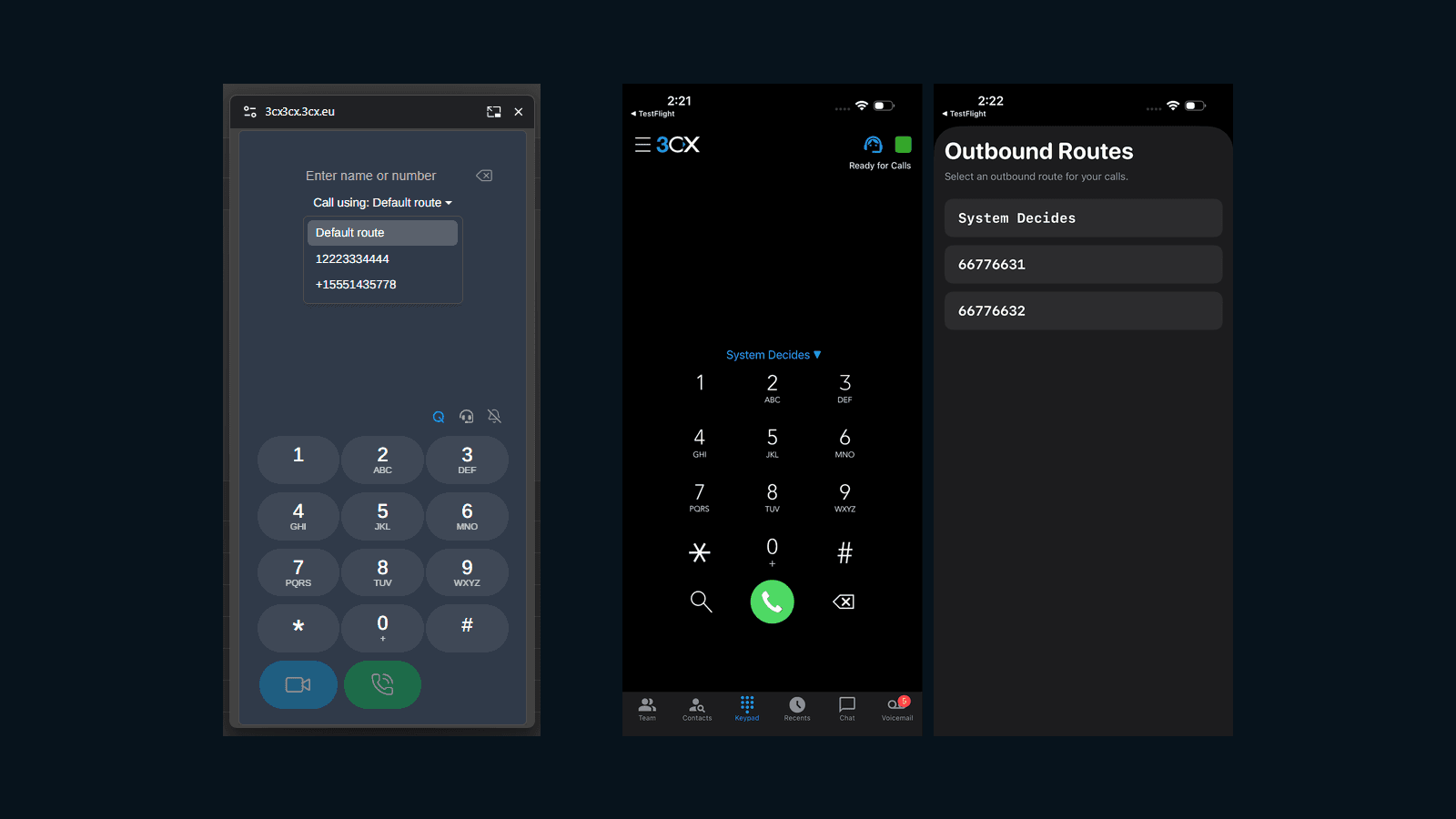 The 3CX web client dialer with its "Call using" menu open, beside the 3CX mobile app's list of outbound numbers.
