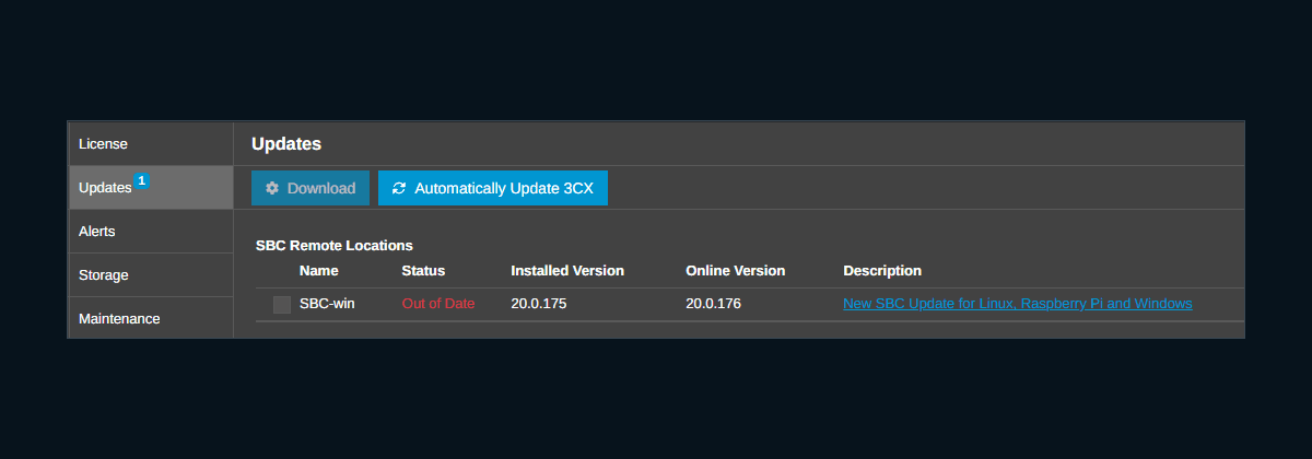 The Updates page in the 3CX admin console, with an update waiting: Download and Automatically Update 3CX buttons above a list showing the installed version, the version available and an Out of Date status.