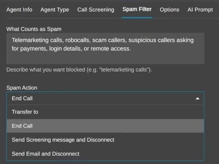 The Spam Filter tab for a 3CX AI Personal Assistant: a description of what counts as spam and the action to take, such as ending the call.