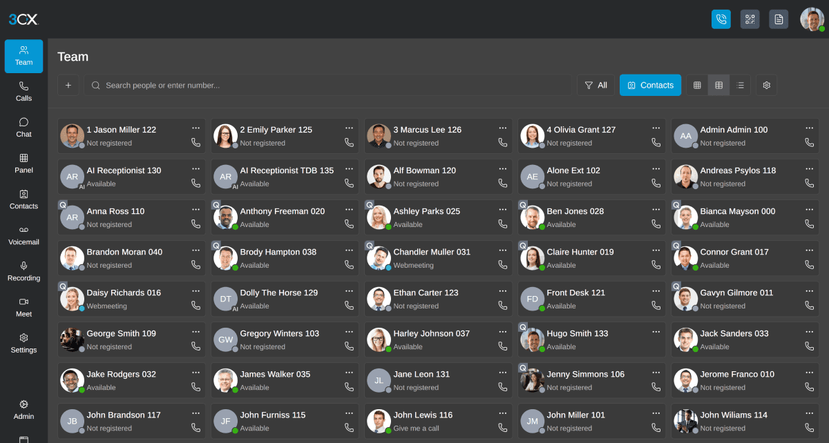 The 3CX web client Team view, a grid of colleagues with their extension numbers and availability.