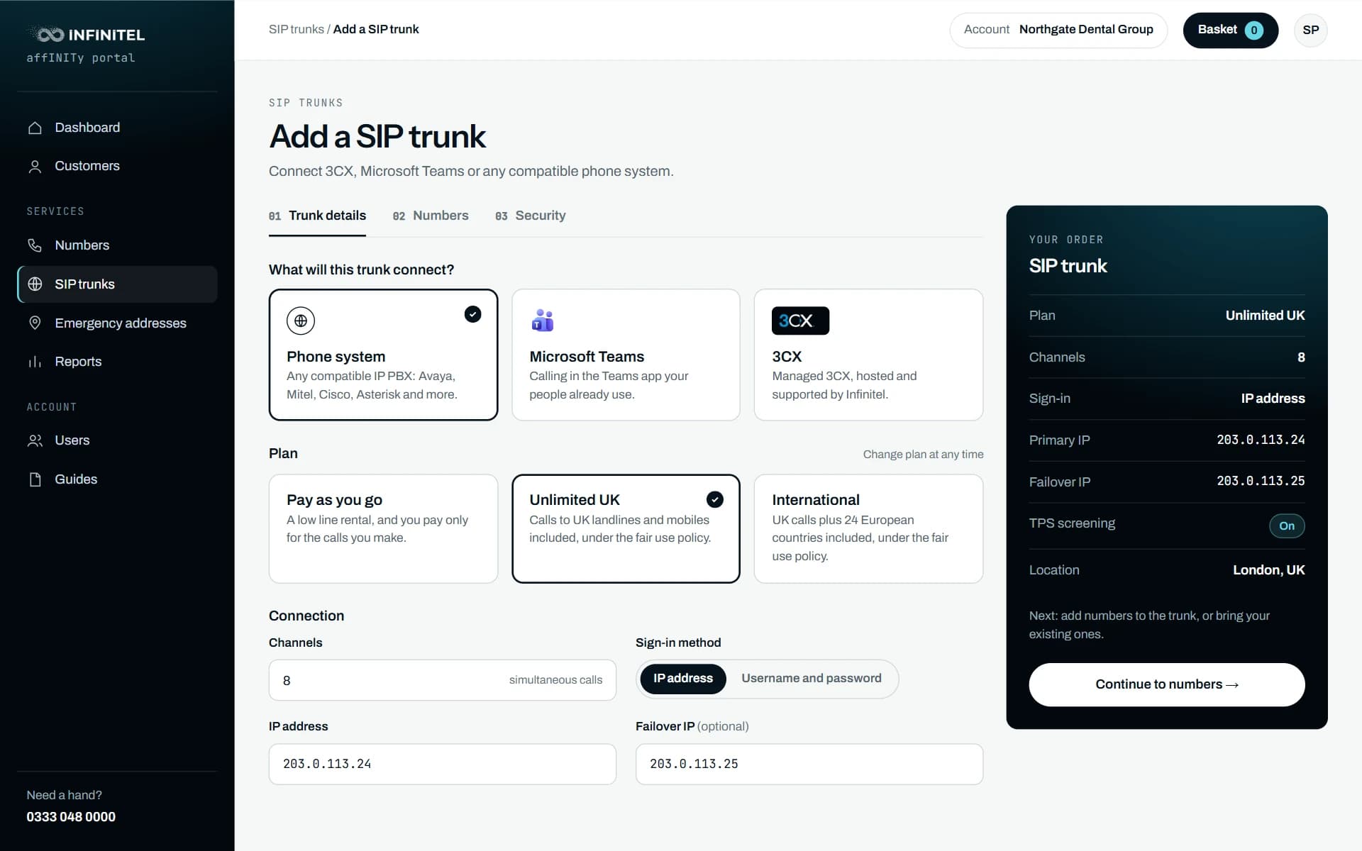 The affINITy portal adding a SIP trunk for a compatible phone system, with a plan, channels and IP addresses, and the order summarised alongside.