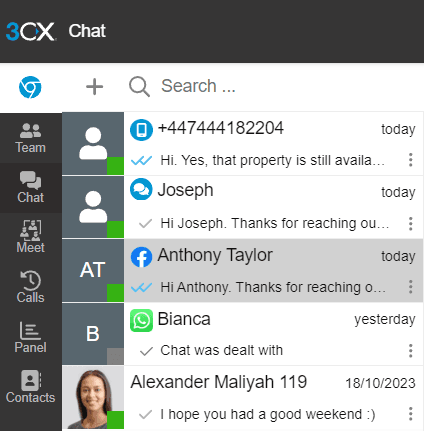 Official 3CX web client with a Facebook business-page conversation open