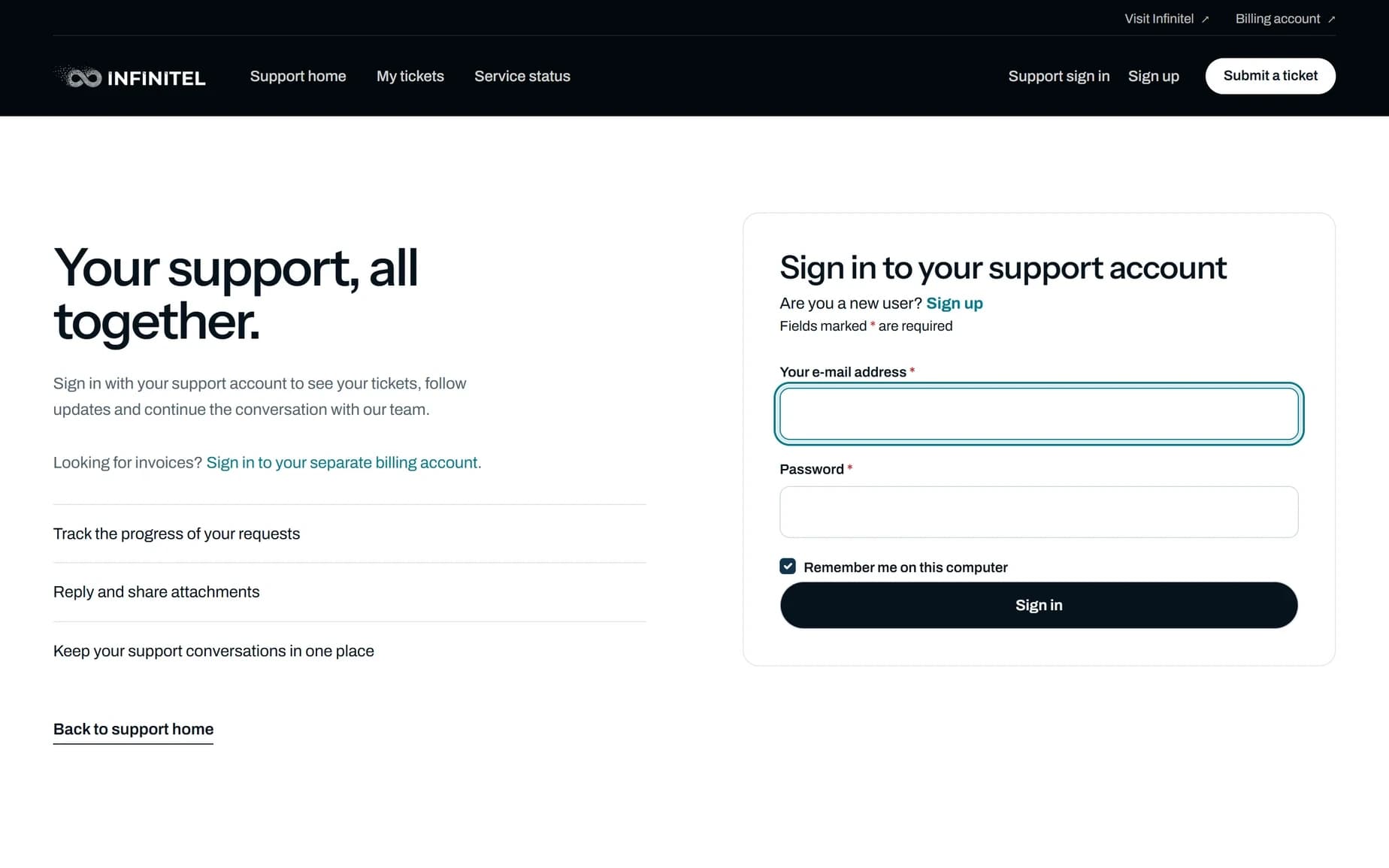 The Support portal sign-in page.