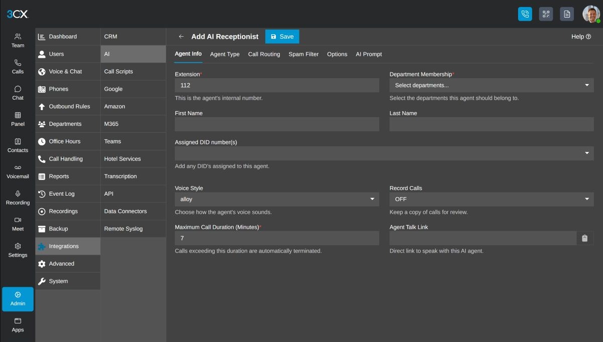 3CX AI Receptionist set-up: the agent's extension, voice style, call recording and the departments it can route to