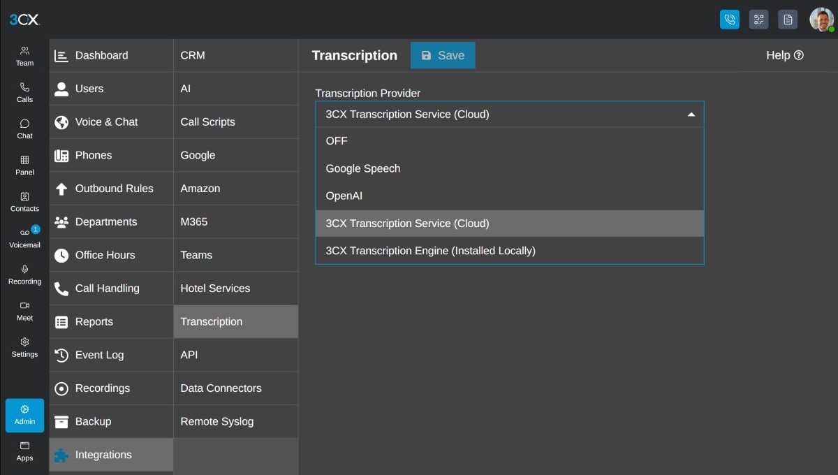 3CX administration screen for choosing a supported transcription provider