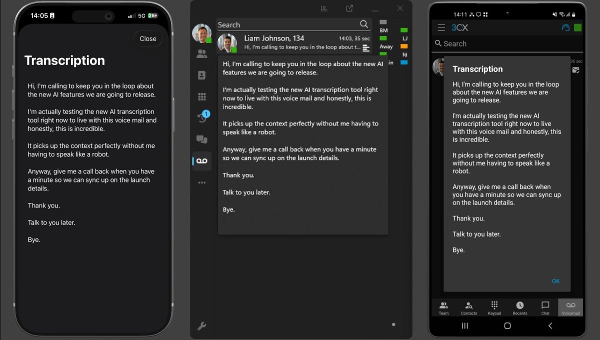 3CX transcription displayed across iPhone, desktop and Android clients
