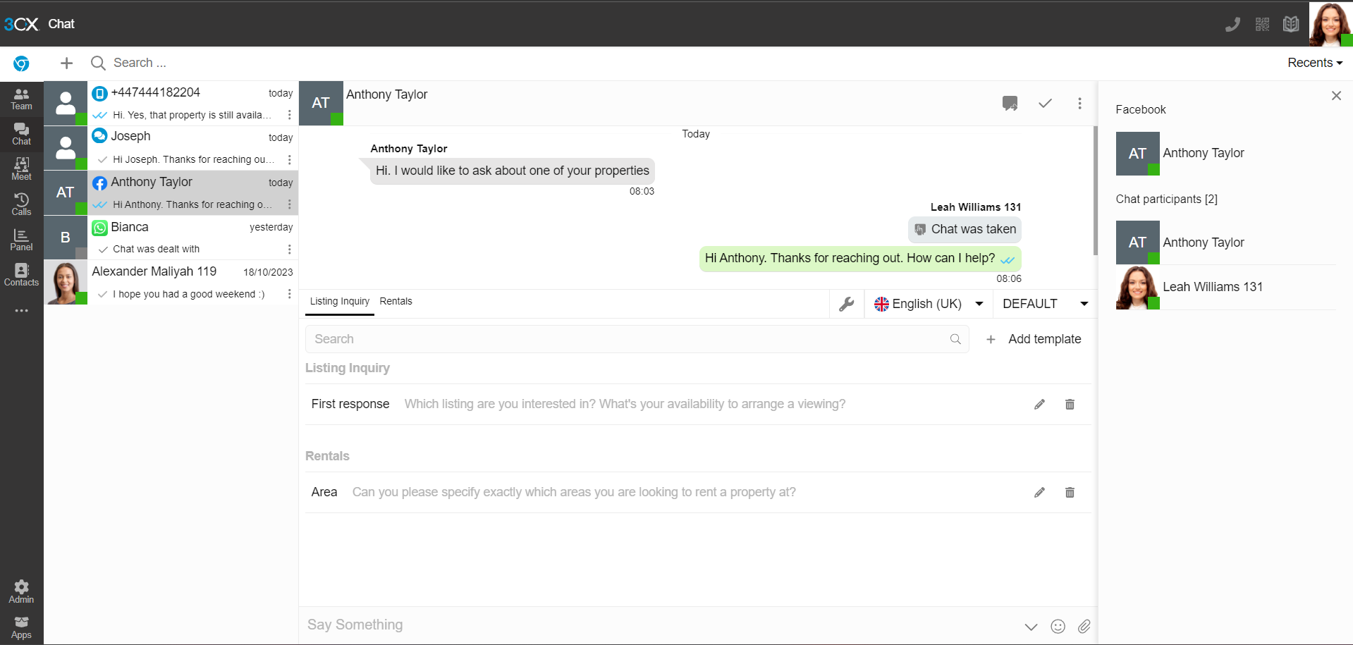 Official 3CX web client with a Facebook business-page conversation open