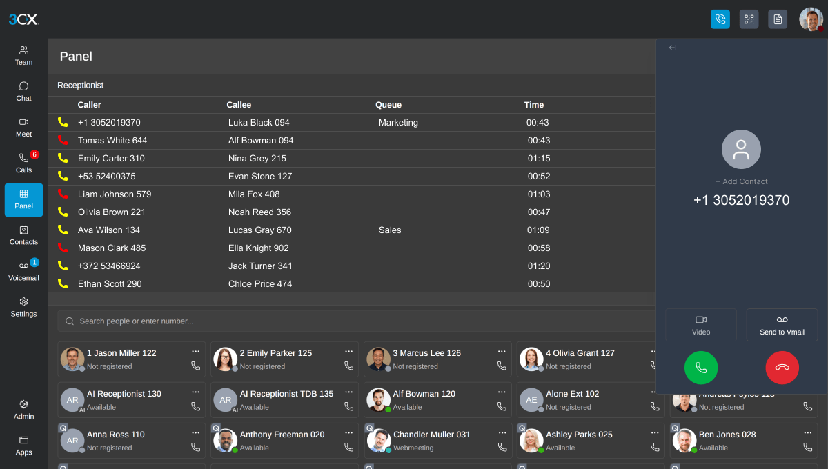 The 3CX web client queue panel: waiting and live calls by queue, with colleagues' availability below and the call panel alongside