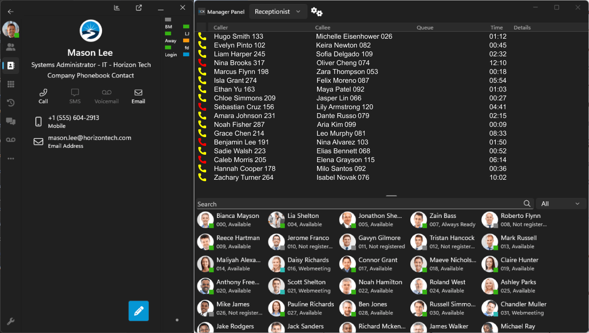 Current 3CX call-centre interface showing queues and team activity