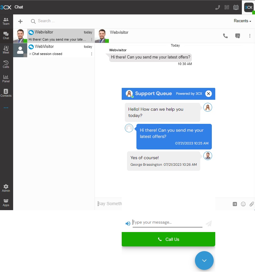 3CX supplier example: the website visitor’s latest-offers enquiry appears in the agent’s Chat workspace
