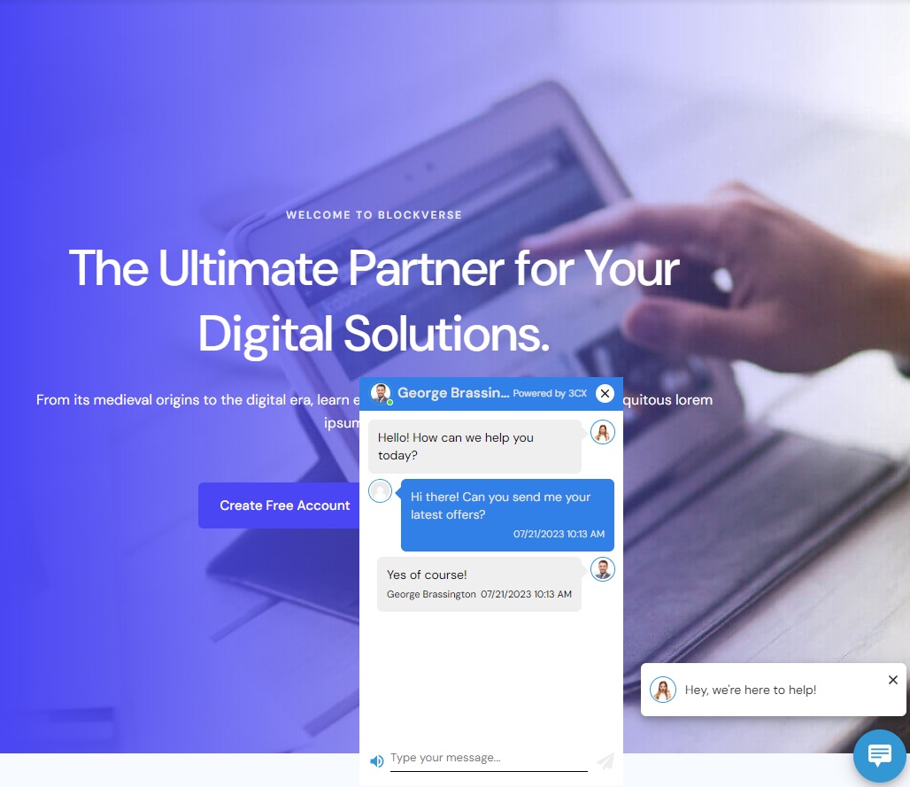 3CX supplier example: a website visitor asks for the latest offers and receives a reply in the chat widget