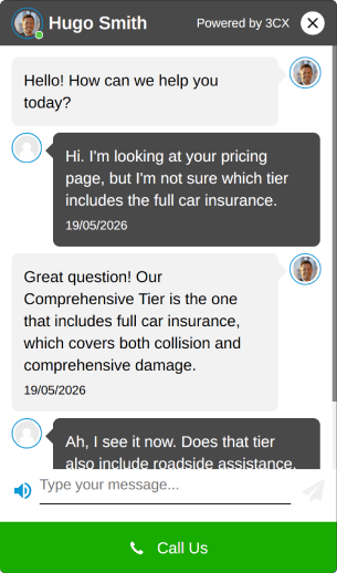 The 3CX Live Chat window on a website: a visitor asks about pricing, the agent replies, and a Call Us button turns the chat into a call