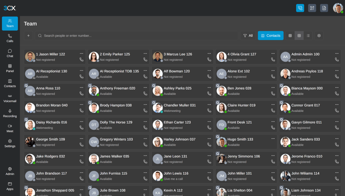 Official 3CX V20 web client Team view, showing colleagues and their availability
