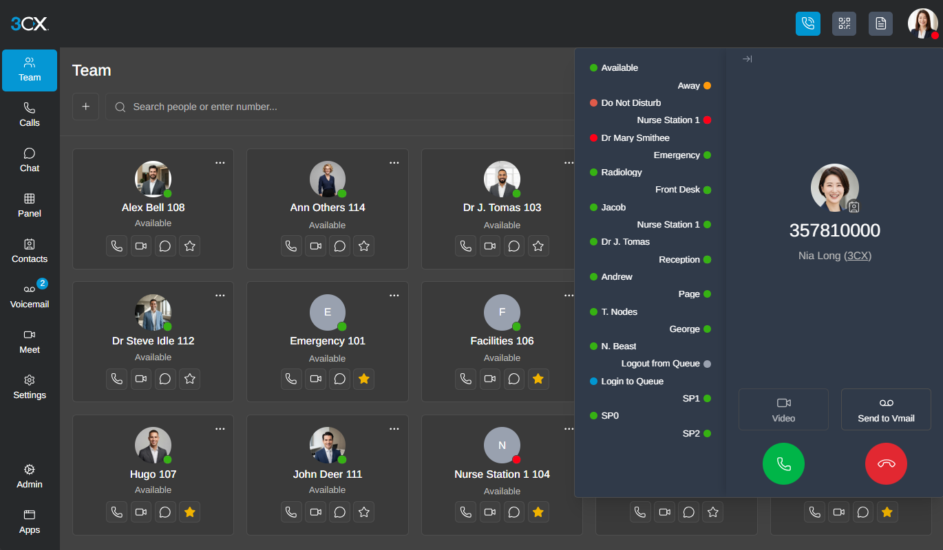 Official 3CX web client showing its communications workspace