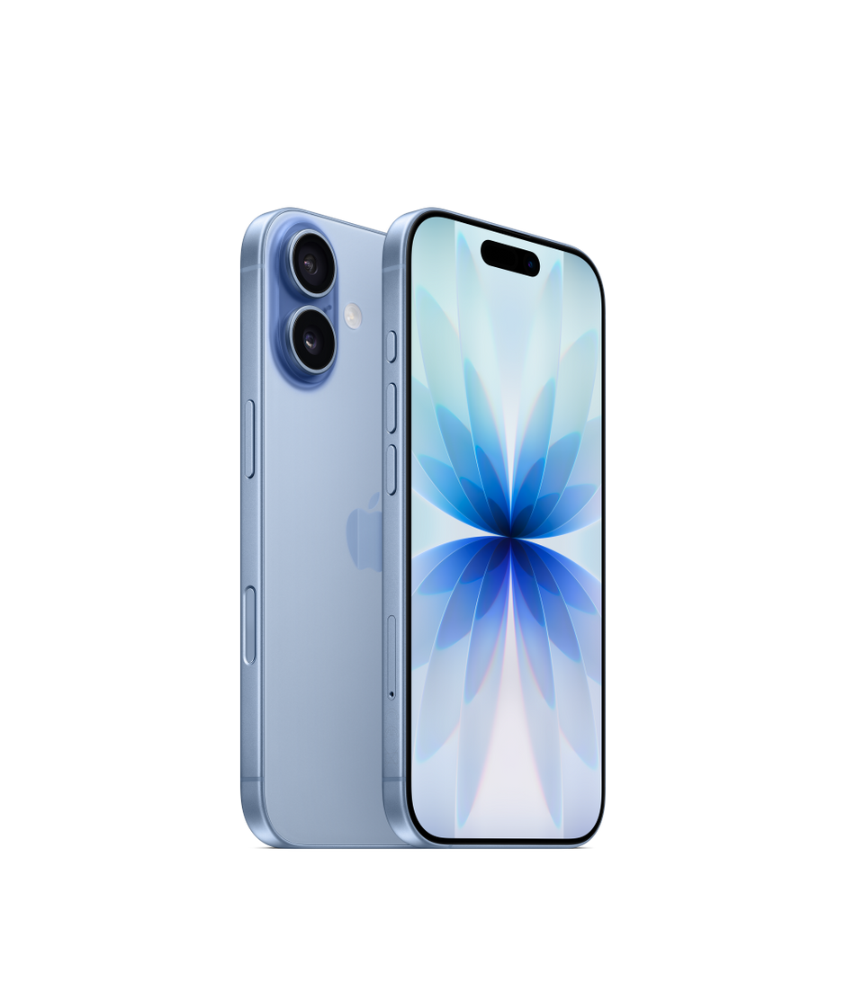 Apple iPhone 17 in Mist Blue, with authentic front and rear handset views