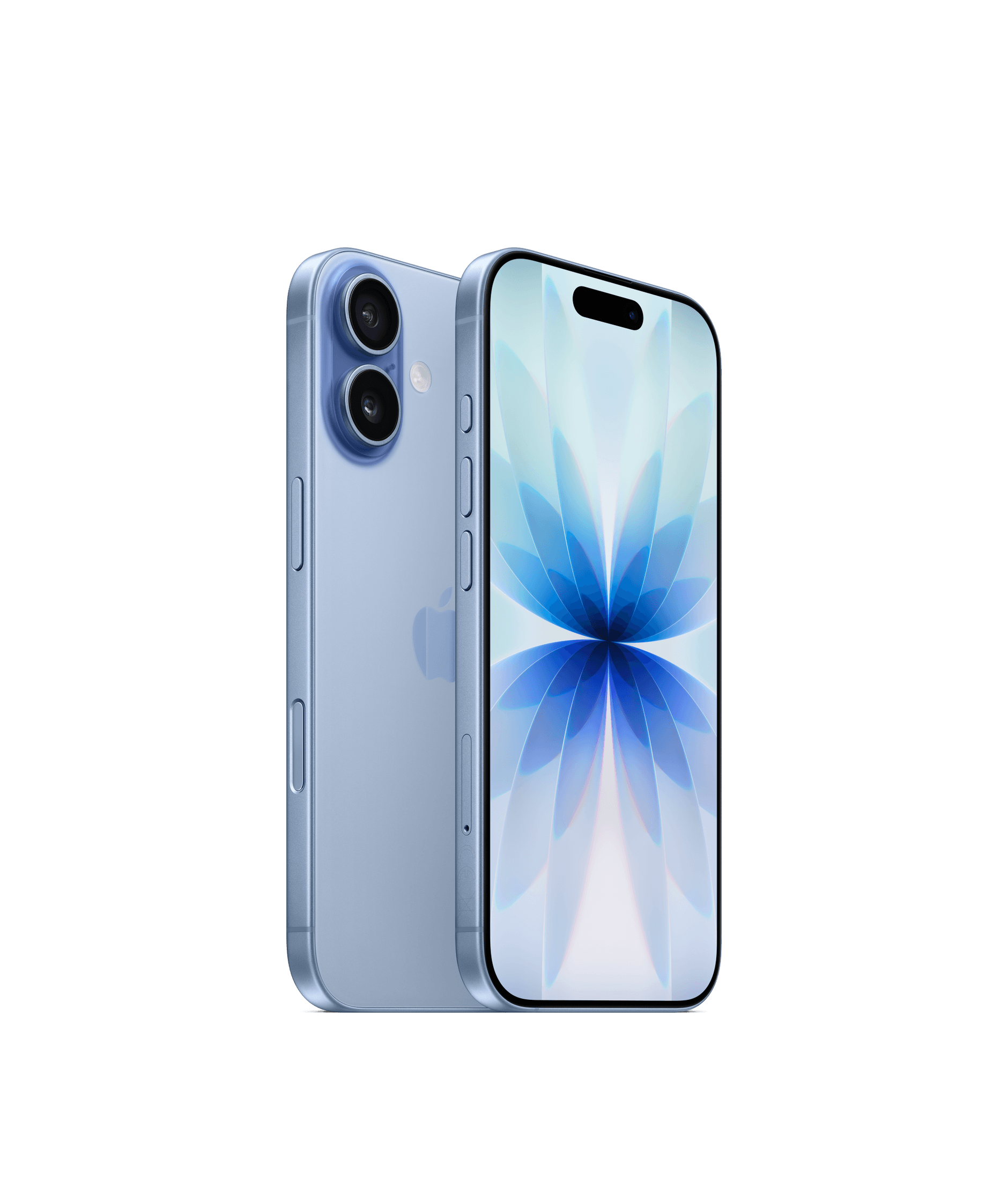 Apple iPhone 17 in Mist Blue, with authentic front and rear handset views