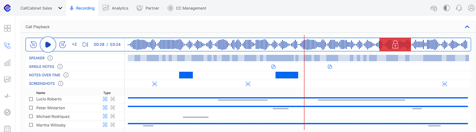 CallCabinet call playback with speaker tracks, notes and the locked card-payment section