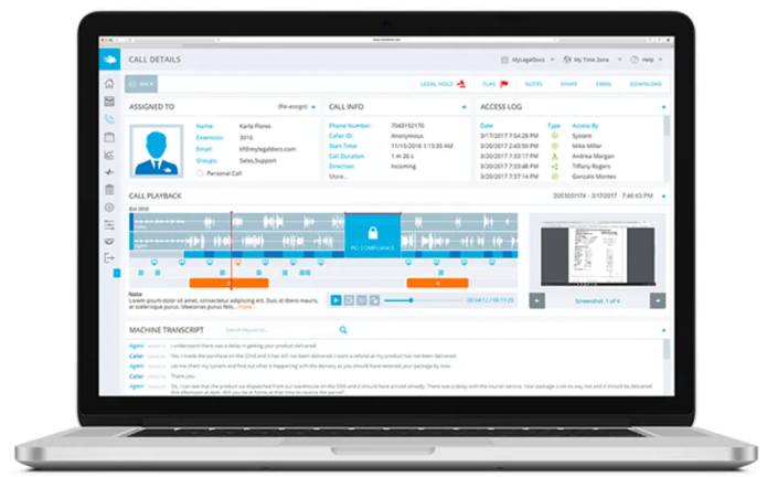 CallCabinet recording details with playback, access log and transcript controls