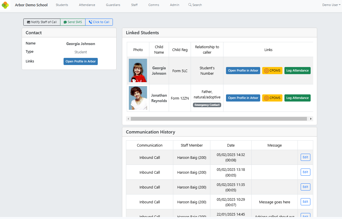 EdTechPro demonstration showing linked pupils, their relationship to the caller and MIS profile actions