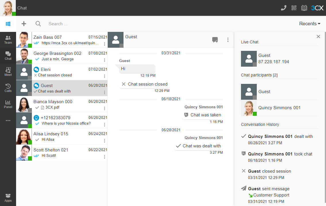 3CX Chat workspace: the conversation list, an open thread and the conversation history showing who took the chat and who dealt with it